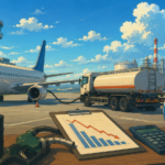Studio Ghibli style illustration of a passenger aircraft being refuelled at a modern airport with a fuel tanker, aviation fuel drums, an air traffic control tower and a downward market trend symbolising falling jet fuel prices.
