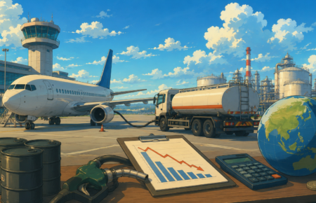 Studio Ghibli style illustration of a passenger aircraft being refuelled at a modern airport with a fuel tanker, aviation fuel drums, an air traffic control tower and a downward market trend symbolising falling jet fuel prices.