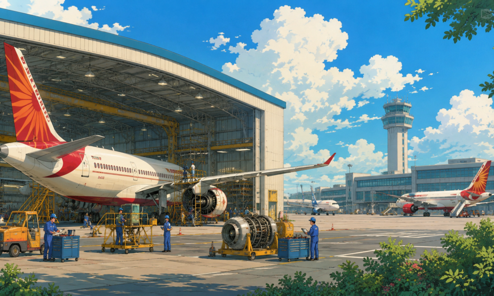 Studio Ghibli style illustration of Air India's aircraft maintenance hub at Bengaluru Airport with aircraft hangars, engineers and modern MRO infrastructure.