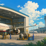 Studio Ghibli style illustration of Air India's aircraft maintenance hub at Bengaluru Airport with aircraft hangars, engineers and modern MRO infrastructure.
