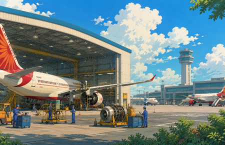 Studio Ghibli style illustration of Air India's aircraft maintenance hub at Bengaluru Airport with aircraft hangars, engineers and modern MRO infrastructure.