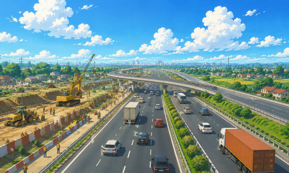 Studio Ghibli style illustration of a modern multi-lane highway under construction in Uttar Pradesh, featuring flyovers, heavy machinery, vehicles and green countryside with a distant city skyline.
