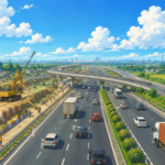 Studio Ghibli style illustration of a modern multi-lane highway under construction in Uttar Pradesh, featuring flyovers, heavy machinery, vehicles and green countryside with a distant city skyline.