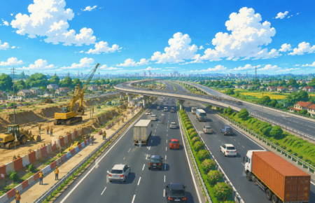 Studio Ghibli style illustration of a modern multi-lane highway under construction in Uttar Pradesh, featuring flyovers, heavy machinery, vehicles and green countryside with a distant city skyline.