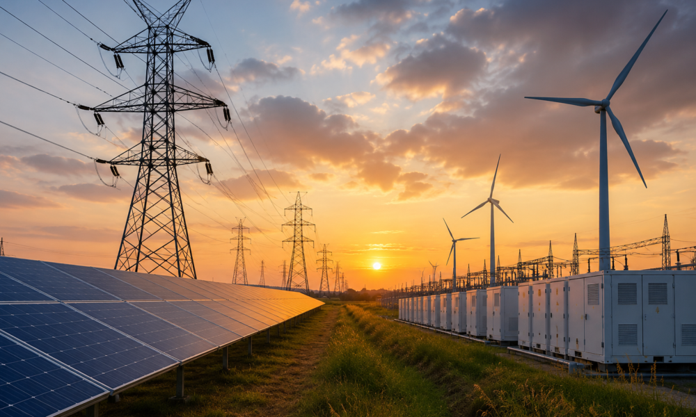 High-voltage power transmission lines carrying electricity from a renewable energy project in India.