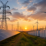High-voltage power transmission lines carrying electricity from a renewable energy project in India.