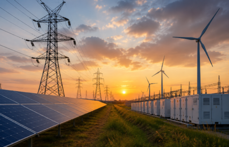 High-voltage power transmission lines carrying electricity from a renewable energy project in India.