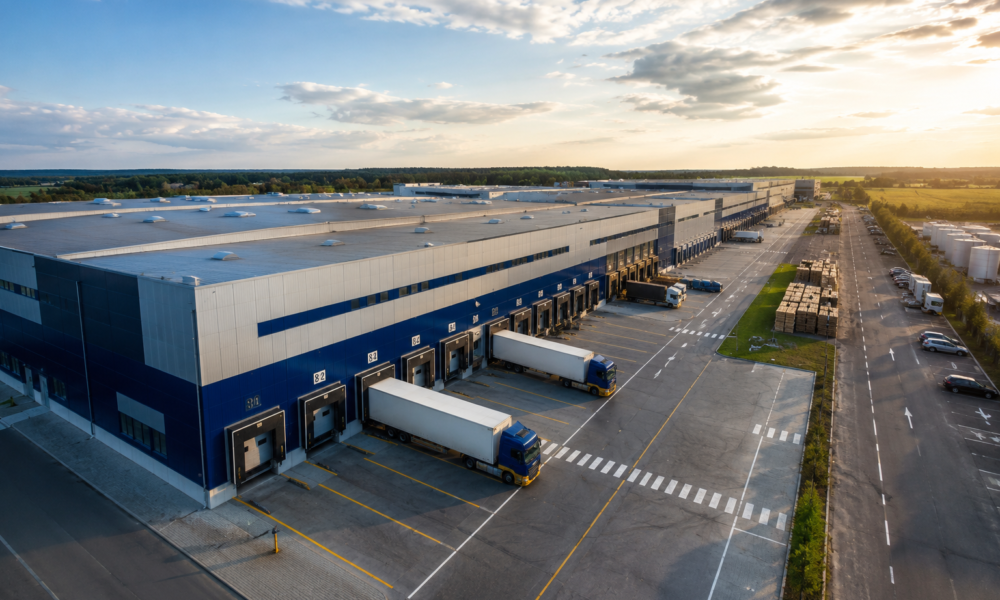 Modern logistics warehouse with trucks loading goods at a large industrial park in India.