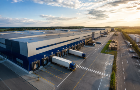 Modern logistics warehouse with trucks loading goods at a large industrial park in India.