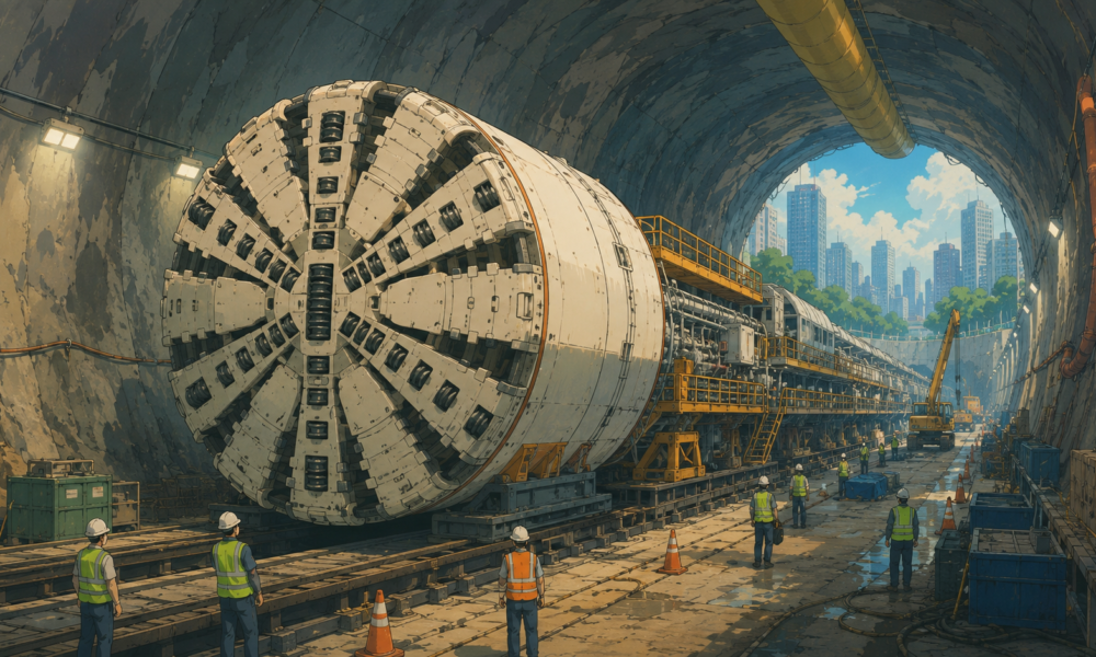 Tunnel boring machine operating inside a large underground infrastructure tunnel in India.