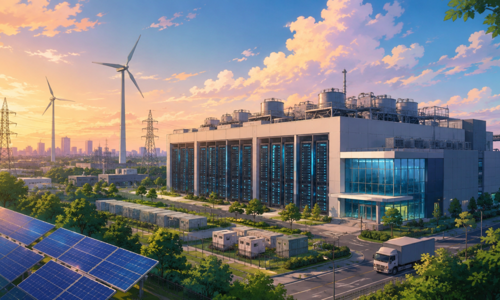 Studio Ghibli style illustration of a modern data centre powered by renewable energy with solar panels, wind turbines and digital infrastructure in India.
