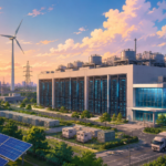Studio Ghibli style illustration of a modern data centre powered by renewable energy with solar panels, wind turbines and digital infrastructure in India.