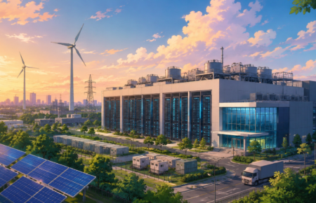 Studio Ghibli style illustration of a modern data centre powered by renewable energy with solar panels, wind turbines and digital infrastructure in India.