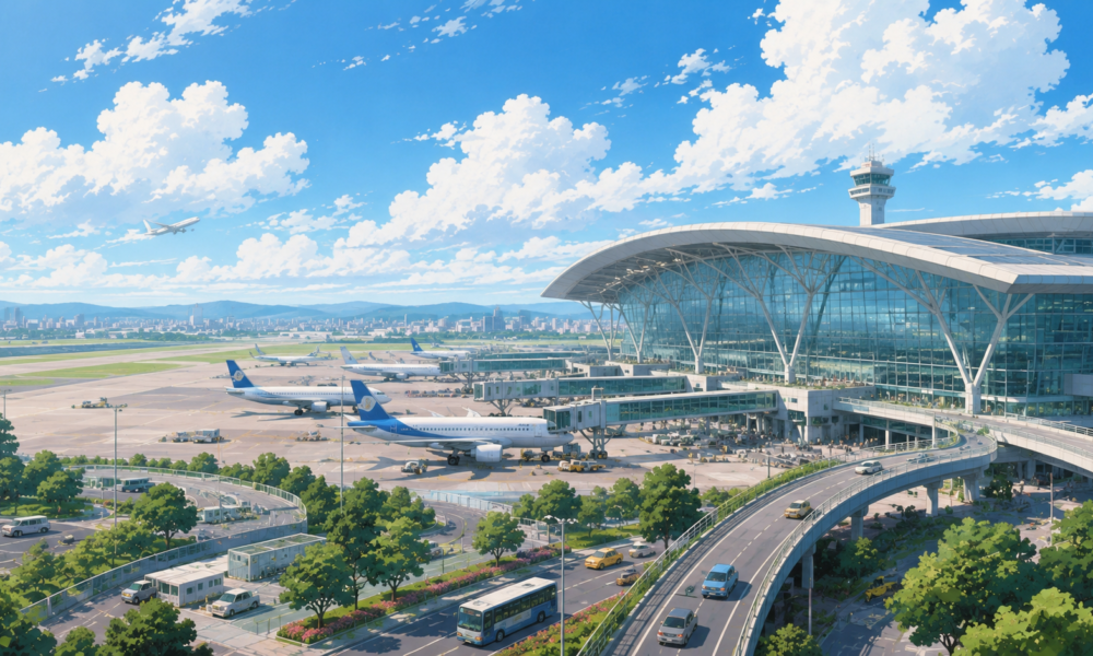 Studio Ghibli style illustration of a modern international airport with aircraft, terminals, highways and green landscapes representing India's expanding aviation infrastructure.