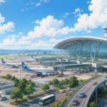 Studio Ghibli style illustration of a modern international airport with aircraft, terminals, highways and green landscapes representing India's expanding aviation infrastructure.