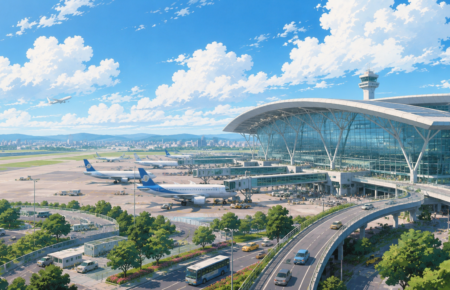 Studio Ghibli style illustration of a modern international airport with aircraft, terminals, highways and green landscapes representing India's expanding aviation infrastructure.