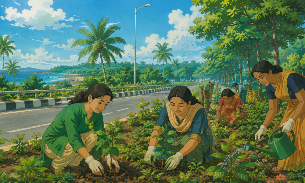 Community members planting and maintaining roadside trees along a lush highway in Goa, symbolising sustainable infrastructure, green mobility and community-led environmental conservation.