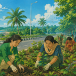 Community members planting and maintaining roadside trees along a lush highway in Goa, symbolising sustainable infrastructure, green mobility and community-led environmental conservation.