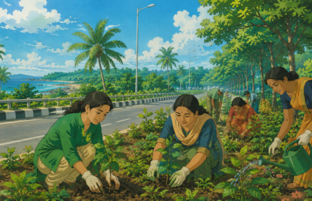 Community members planting and maintaining roadside trees along a lush highway in Goa, symbolising sustainable infrastructure, green mobility and community-led environmental conservation.