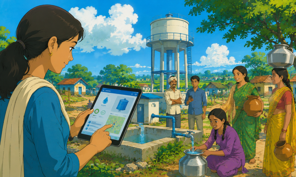 Studio Ghibli style illustration of a rural village in Uttar Pradesh with a water tower, household tap water supply and a digital dashboard monitoring water infrastructure projects.