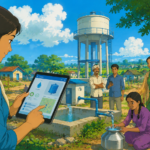 Studio Ghibli style illustration of a rural village in Uttar Pradesh with a water tower, household tap water supply and a digital dashboard monitoring water infrastructure projects.