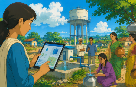 Studio Ghibli style illustration of a rural village in Uttar Pradesh with a water tower, household tap water supply and a digital dashboard monitoring water infrastructure projects.