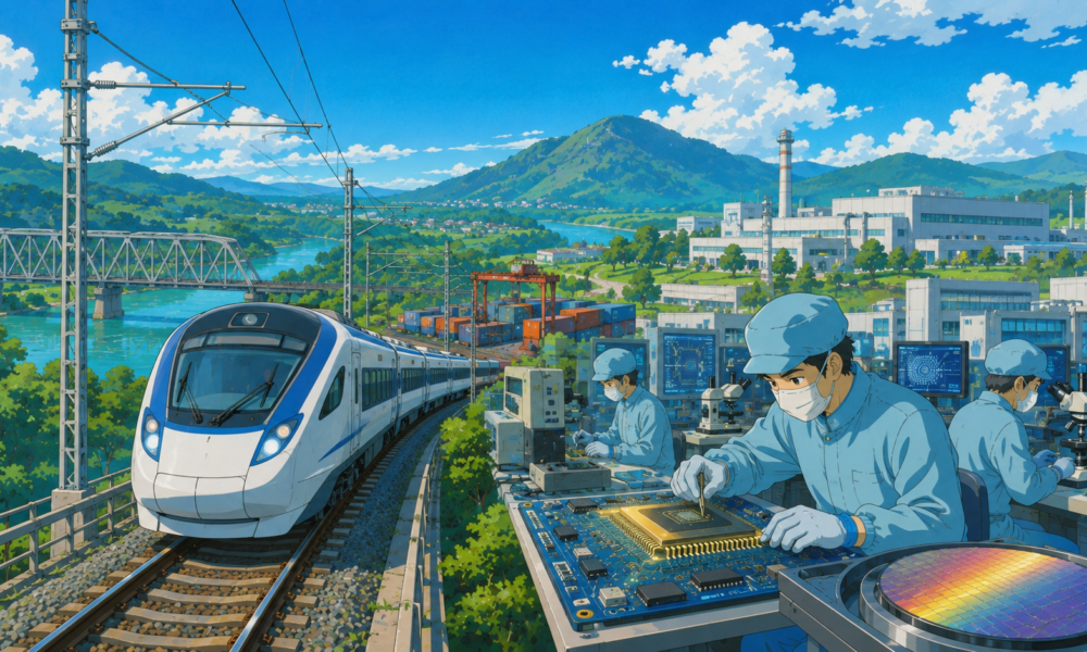 Studio Ghibli style illustration of a modern electric train crossing a bridge in Assam with a semiconductor manufacturing facility in the background, symbolising industrial growth and advanced infrastructure.