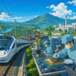 Studio Ghibli style illustration of a modern electric train crossing a bridge in Assam with a semiconductor manufacturing facility in the background, symbolising industrial growth and advanced infrastructure.