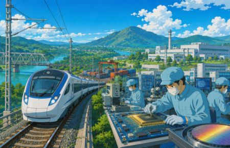 Studio Ghibli style illustration of a modern electric train crossing a bridge in Assam with a semiconductor manufacturing facility in the background, symbolising industrial growth and advanced infrastructure.