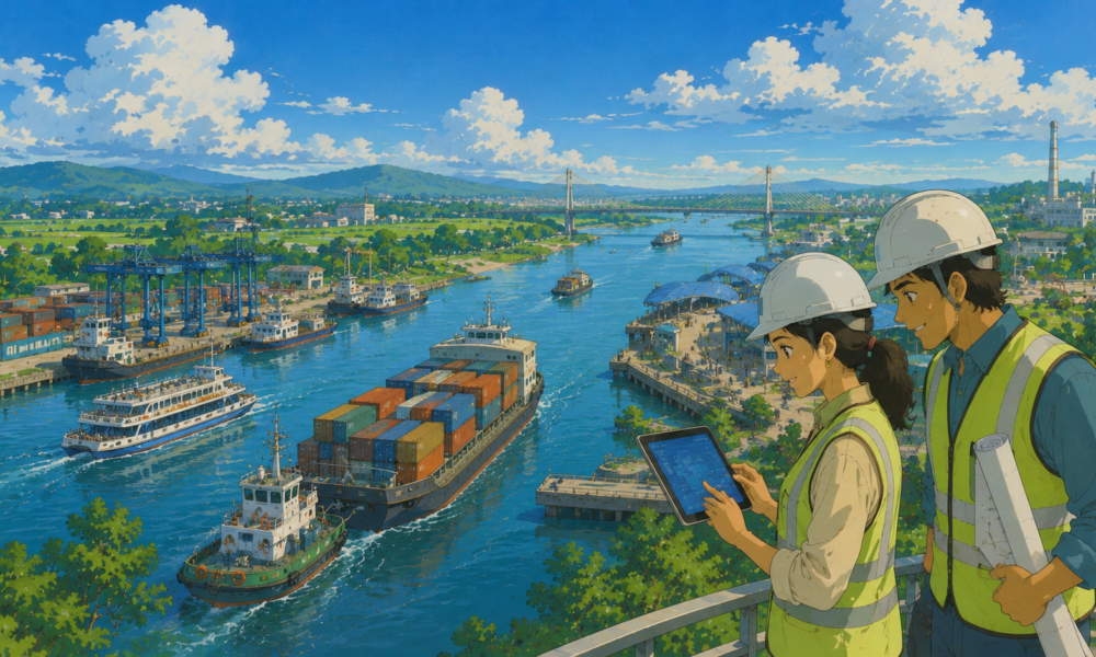 Studio Ghibli style illustration of cargo vessels, inland waterways, port terminals and logistics infrastructure in India, representing the country's expanding maritime transport network and multimodal connectivity.