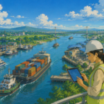 Studio Ghibli style illustration of cargo vessels, inland waterways, port terminals and logistics infrastructure in India, representing the country's expanding maritime transport network and multimodal connectivity.