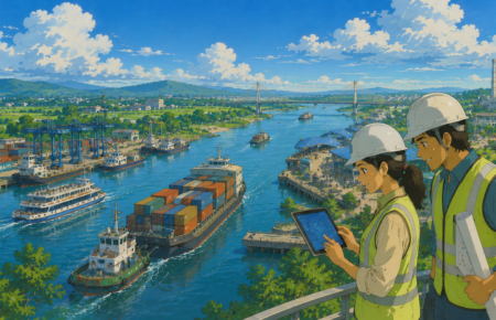 Studio Ghibli style illustration of cargo vessels, inland waterways, port terminals and logistics infrastructure in India, representing the country's expanding maritime transport network and multimodal connectivity.
