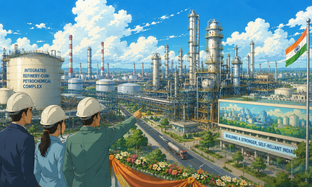 Studio Ghibli style illustration of India's first integrated refinery-cum-petrochemical complex featuring industrial processing units, storage tanks, pipelines and engineers overlooking the facility, symbolising modern industrial infrastructure.