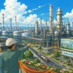 Studio Ghibli style illustration of India's first integrated refinery-cum-petrochemical complex featuring industrial processing units, storage tanks, pipelines and engineers overlooking the facility, symbolising modern industrial infrastructure.