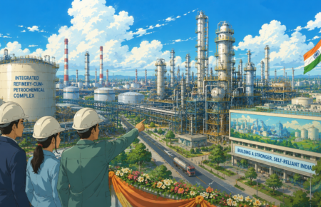 Studio Ghibli style illustration of India's first integrated refinery-cum-petrochemical complex featuring industrial processing units, storage tanks, pipelines and engineers overlooking the facility, symbolising modern industrial infrastructure.