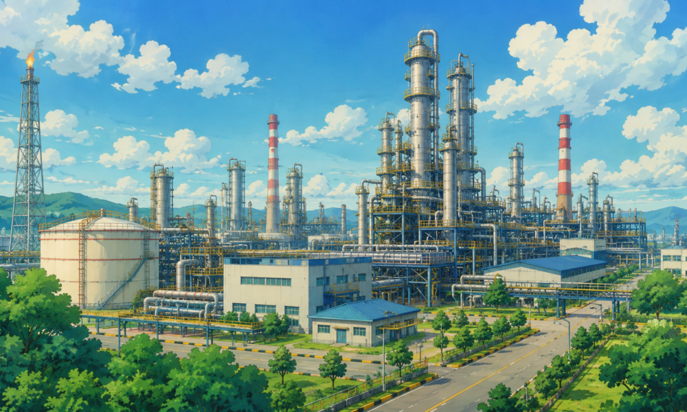 Studio Ghibli-inspired illustration of India's first integrated refinery-cum-petrochemical complex featuring refinery towers, storage tanks, pipelines and landscaped industrial infrastructure under a bright blue sky.