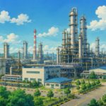 Studio Ghibli-inspired illustration of India's first integrated refinery-cum-petrochemical complex featuring refinery towers, storage tanks, pipelines and landscaped industrial infrastructure under a bright blue sky.