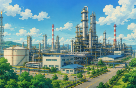 Studio Ghibli-inspired illustration of India's first integrated refinery-cum-petrochemical complex featuring refinery towers, storage tanks, pipelines and landscaped industrial infrastructure under a bright blue sky.
