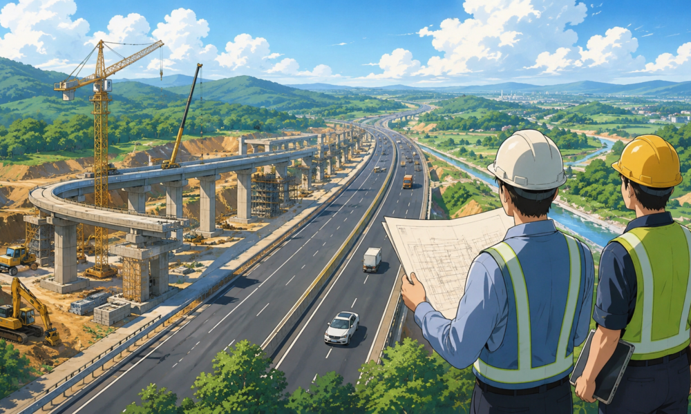 Studio Ghibli style illustration of engineers overseeing a modern multi lane highway construction project with bridges, cranes and heavy machinery set against a green landscape under a bright blue sky.
