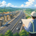 Studio Ghibli style illustration of engineers overseeing a modern multi lane highway construction project with bridges, cranes and heavy machinery set against a green landscape under a bright blue sky.