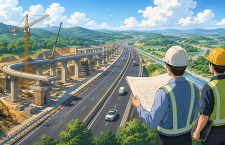 Studio Ghibli style illustration of engineers overseeing a modern multi lane highway construction project with bridges, cranes and heavy machinery set against a green landscape under a bright blue sky.