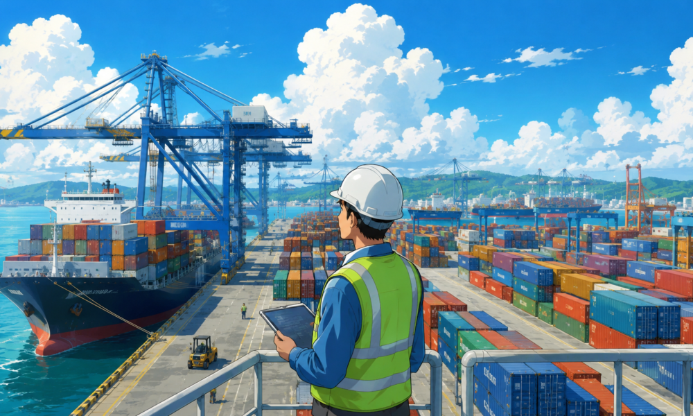 Studio Ghibli style illustration of a modern Indian container port with cargo ships, cranes and stacked shipping containers representing maritime infrastructure and domestic container manufacturing.