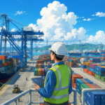 Studio Ghibli style illustration of a modern Indian container port with cargo ships, cranes and stacked shipping containers representing maritime infrastructure and domestic container manufacturing.