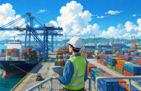 Studio Ghibli style illustration of a modern Indian container port with cargo ships, cranes and stacked shipping containers representing maritime infrastructure and domestic container manufacturing.