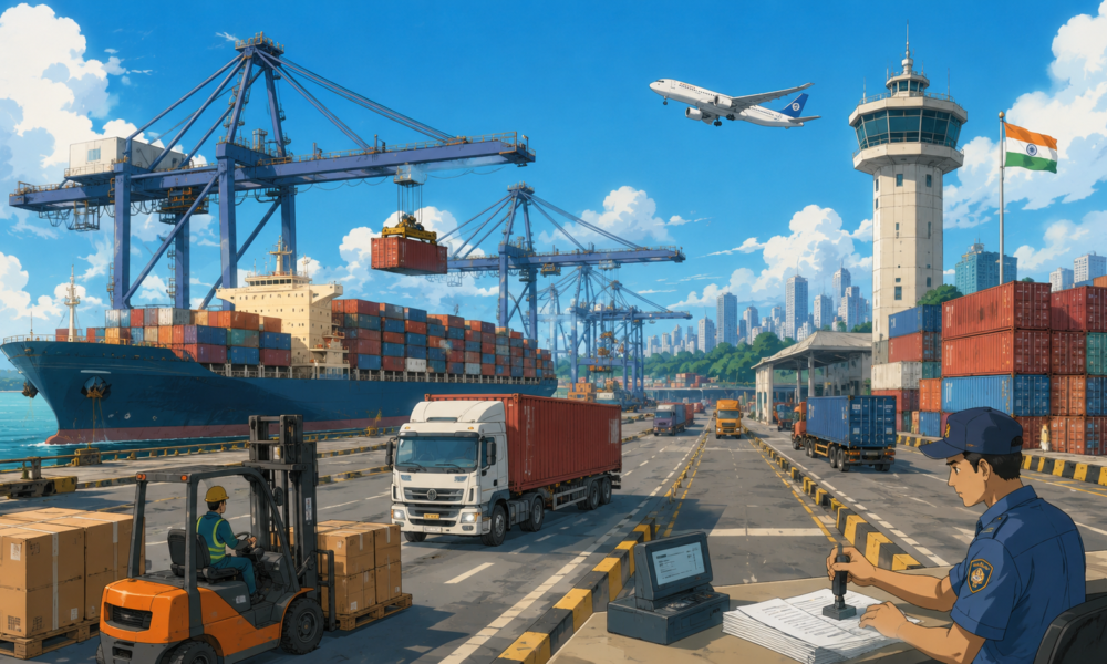 Studio Ghibli style illustration of a modern Indian container port with cargo ships, cranes, trucks and customs operations representing smart logistics and supply chain reforms.