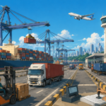 Studio Ghibli style illustration of a modern Indian container port with cargo ships, cranes, trucks and customs operations representing smart logistics and supply chain reforms.