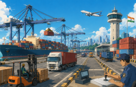 Studio Ghibli style illustration of a modern Indian container port with cargo ships, cranes, trucks and customs operations representing smart logistics and supply chain reforms.