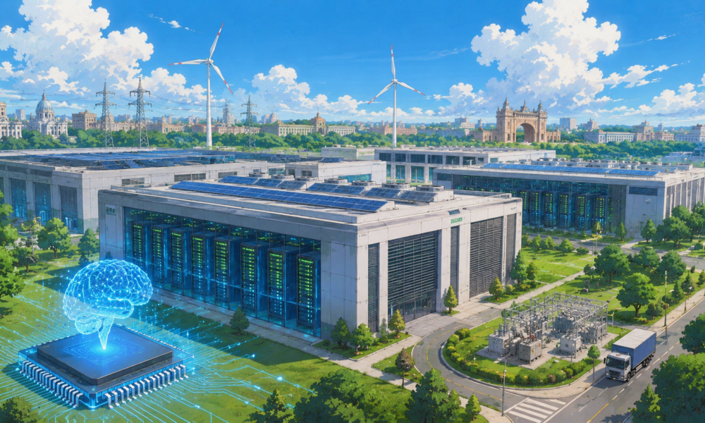 Studio Ghibli style illustration of a modern AI ready data centre campus in Uttar Pradesh featuring advanced server facilities, renewable energy, smart infrastructure and digital connectivity.
