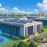 Studio Ghibli style illustration of a modern AI ready data centre campus in Uttar Pradesh featuring advanced server facilities, renewable energy, smart infrastructure and digital connectivity.