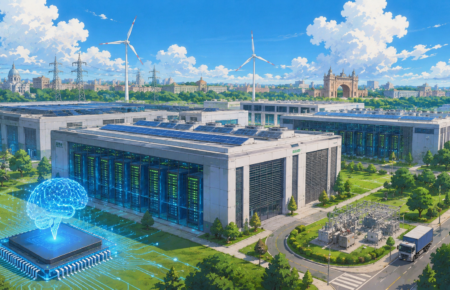 Studio Ghibli style illustration of a modern AI ready data centre campus in Uttar Pradesh featuring advanced server facilities, renewable energy, smart infrastructure and digital connectivity.
